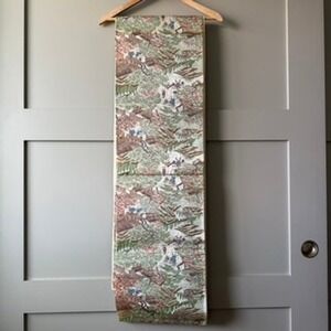 Vintage Fukuro Obi Japanese Village Landscape‎ Metallic Brocade Kimono Belt Silk